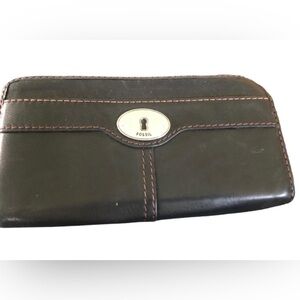 Fossil Black Buttery Leather Top Zip Wallet Pockets Casual Silver Keyhole 8X4